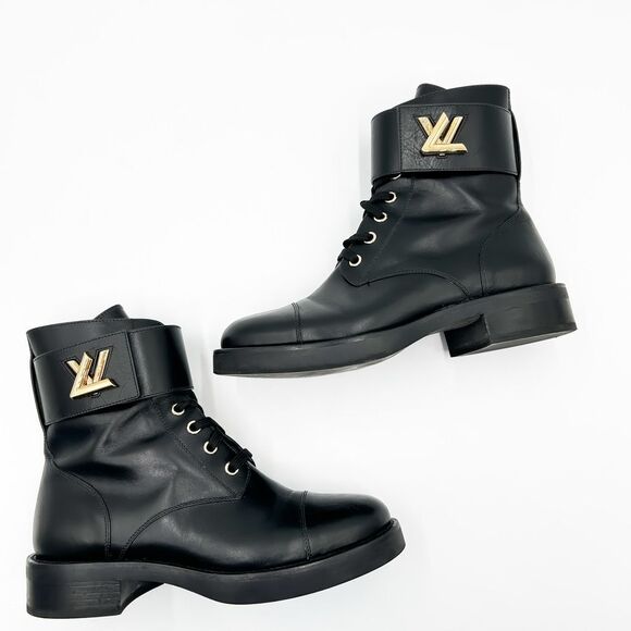 Louis Vuitton LV Wonderland Ranger Black Leather Combat Ankle Boots Size 37, 7 - Picture 6 of 14